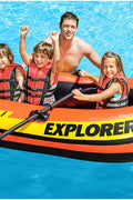 Intex Explorer 300 inflatable boat top view

3-person orange inflatable raft with oars

Durable vinyl inflatable boat for lake or pool

Explorer 300 model 58332NP with grab rope

Lightweight and compact Intex boat