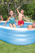 Intex Inflatable Family Pool – Blue Wave Design
Backyard Inflatable Pool – Intex 321 Gallon Capacity
Kids Swimming in Intex Wave Pool – Outdoor Setup
Large Inflatable Pool with Repair Patch – Top View