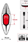 Intex Challenger K1 inflatable kayak on water

1-person green inflatable kayak set with oar and pump

Inflatable kayak with seat and cargo net

Kayak set components: paddle, pump, skeg, repair patch

Recreational lake kayak for solo paddlers