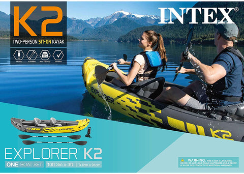 Intex Explorer K2 inflatable kayak on water with paddles

Top view of Explorer K2 kayak with seats and pump

Close-up of inflatable cockpit seats

Full kayak set with oars, pump, and skeg

Explorer K2 in yellow – packaged with accessories