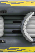 Intex Explorer K2 inflatable kayak on water with paddles

Top view of Explorer K2 kayak with seats and pump

Close-up of inflatable cockpit seats

Full kayak set with oars, pump, and skeg

Explorer K2 in yellow – packaged with accessories