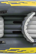 Intex Explorer K2 inflatable kayak on water with paddles

Top view of Explorer K2 kayak with seats and pump

Close-up of inflatable cockpit seats

Full kayak set with oars, pump, and skeg

Explorer K2 in yellow – packaged with accessories