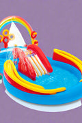 Rainbow-themed inflatable paddling pool with slide

Children playing on Intex Rainbow Ring pool with water sprayer

Complete top-down view of inflatable play center

Interactive game zone on Intex kids water park
