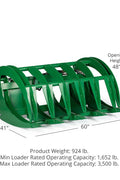 Green root grapple rake for John Deere tractors – 60 inch model
Dual-arm grapple rake with hook and pin mount – front view
Heavy-duty brush clearing grapple attachment – 72 inch width