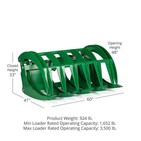 Green root grapple rake for John Deere tractors – 60 inch model
Dual-arm grapple rake with hook and pin mount – front view
Heavy-duty brush clearing grapple attachment – 72 inch width