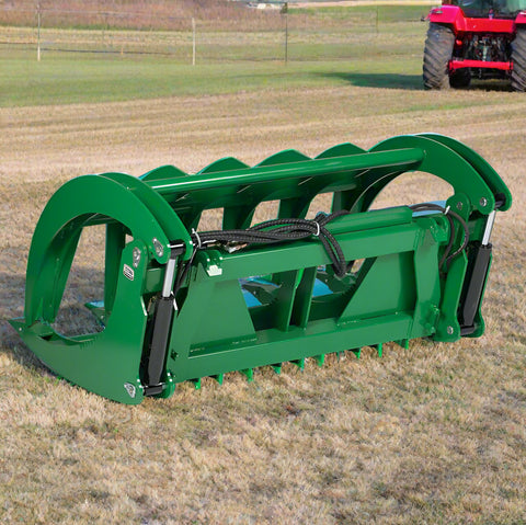 Green root grapple rake for John Deere tractors – 60 inch model
Dual-arm grapple rake with hook and pin mount – front view
Heavy-duty brush clearing grapple attachment – 72 inch width