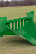 Heavy-duty stump bucket for John Deere tractor – AR400 steel, green
Side profile of tree root removal bucket with serrated edge
John Deere stump bucket attached to tractor – reinforced gussets
|Wide-angle view of stump bucket with laser-cut backplate