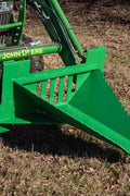 Heavy-duty stump bucket for John Deere tractor – AR400 steel, green
Side profile of tree root removal bucket with serrated edge
John Deere stump bucket attached to tractor – reinforced gussets
|Wide-angle view of stump bucket with laser-cut backplate