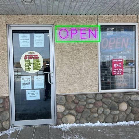 “Jumbo neon LED open sign hanging in storefront window”

“Close-up of waterproof bright open sign for business”

“High visibility LED open sign with pink and green lighting”