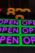 “Jumbo neon LED open sign hanging in storefront window”

“Close-up of waterproof bright open sign for business”

“High visibility LED open sign with pink and green lighting”