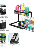 L-shaped under sink organizer with sliding drawer and tall bottles

Organizer under kitchen sink showing fit around plumbing

Close-up of smooth-sliding drawer design

Organizer loaded with cleaning supplies and sponges

Multi-angle view of assembled rack in modern kitchen