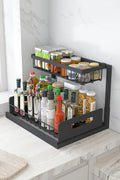 L-shaped under sink organizer with sliding drawer and tall bottles

Organizer under kitchen sink showing fit around plumbing

Close-up of smooth-sliding drawer design

Organizer loaded with cleaning supplies and sponges

Multi-angle view of assembled rack in modern kitchen