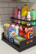 L-shaped under sink organizer with sliding drawer and tall bottles

Organizer under kitchen sink showing fit around plumbing

Close-up of smooth-sliding drawer design

Organizer loaded with cleaning supplies and sponges

Multi-angle view of assembled rack in modern kitchen