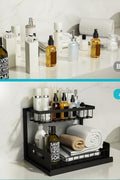 L-shaped under sink organizer with sliding drawer and tall bottles

Organizer under kitchen sink showing fit around plumbing

Close-up of smooth-sliding drawer design

Organizer loaded with cleaning supplies and sponges

Multi-angle view of assembled rack in modern kitchen