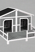 Large wooden raised outdoor dog house with porch – cabin-style weatherproof pet shelter
