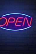 “Red and blue LED open neon sign on bedroom wall”

“Decorative LED open light sign glowing in dark room”

“Compact wall-mount LED open sign for stores or home use”