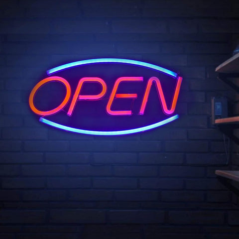 “Red and blue LED open neon sign on bedroom wall”

“Decorative LED open light sign glowing in dark room”

“Compact wall-mount LED open sign for stores or home use”