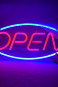 “Red and blue LED open neon sign on bedroom wall”

“Decorative LED open light sign glowing in dark room”

“Compact wall-mount LED open sign for stores or home use”