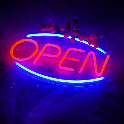 “Red and blue LED open neon sign on bedroom wall”

“Decorative LED open light sign glowing in dark room”

“Compact wall-mount LED open sign for stores or home use”