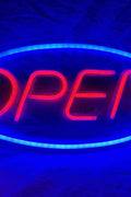“Red and blue LED open neon sign on bedroom wall”

“Decorative LED open light sign glowing in dark room”

“Compact wall-mount LED open sign for stores or home use”