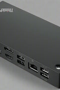 Lenovo ThinkPad USB-C Dock top view
Docking station with HDMI, DisplayPort, and USB ports
Open box dock with accessories included
Rear panel showing power and video output ports