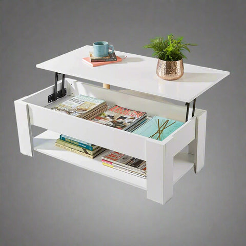 Lift-top coffee table with storage compartment and laptop workstation function – modern accent design in brown and white finish