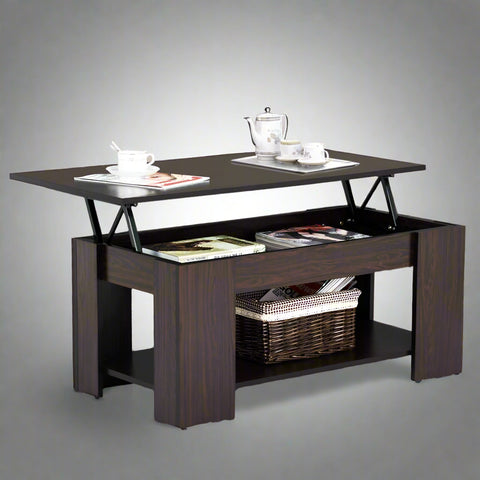 Lift-top coffee table with storage compartment and laptop workstation function – modern accent design in brown and white finish