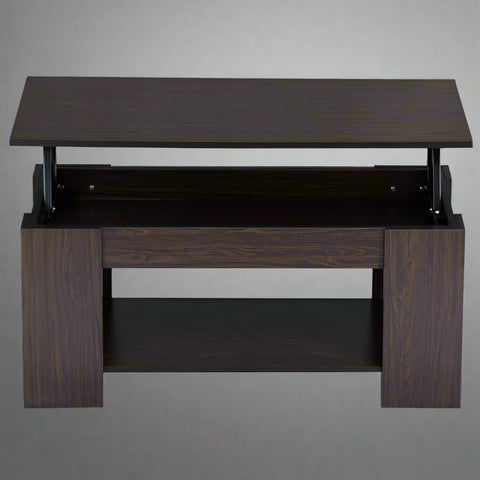 Lift-top coffee table with storage compartment and laptop workstation function – modern accent design in brown and white finish