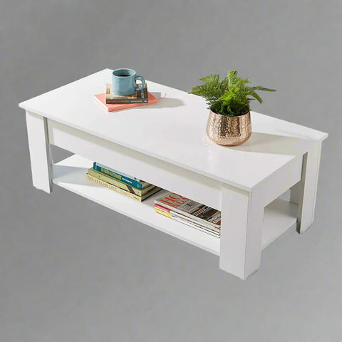 Lift-top coffee table with storage compartment and laptop workstation function – modern accent design in brown and white finish