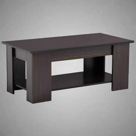 Lift-top coffee table with storage compartment and laptop workstation function – modern accent design in brown and white finish