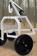 Log Skidding Arch ATV Trailer Dolly – 1000 lb capacity with manual winch, white frame and black tires for forestry and trail hauling