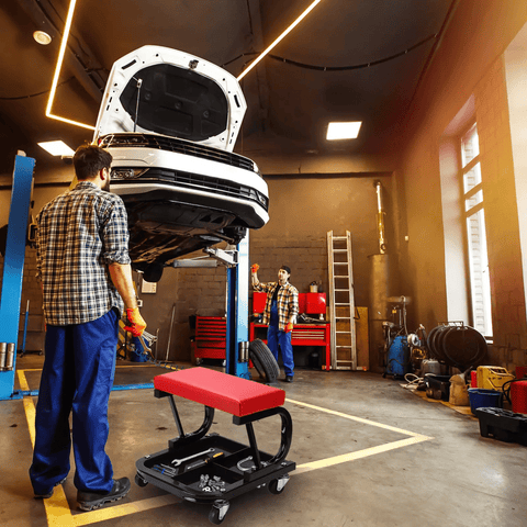 New Mechanic's Padded Creeper Work Stool – Rolling Garage Seat with Tool Tray & Adjustable Height S1245 - with | Sold by Uncle Wiener's Wholesale