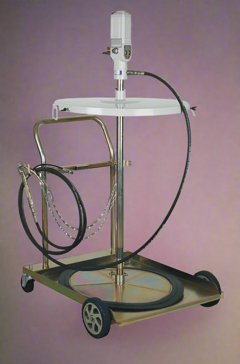 "Mobile grease pump with hose reel and digital gauge"

"Industrial grease pump on drum trolley cart"

"Heavy-duty 5:1 grease pump system with 10m hose"

"Air-operated grease pump with pressure gauge"