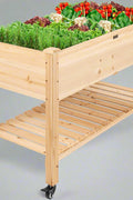 Mobile raised wooden garden bed with wheels and storage shelf

Elevated planter box with ergonomic height and rolling wheels

Lockable wheel detail on raised mobile garden planter

Wooden planter with lower storage shelf for gardening tools

Compact mobile raised bed for patio or balcony