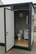 Gray single toilet portable restroom trailer
Double stall mobile toilet unit for construction use
Interior view of portable washroom with sink
Mobile shower unit with privacy enclosure
Pre-installed fixtures inside portable toilet and shower model
