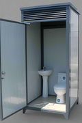 Gray single toilet portable restroom trailer
Double stall mobile toilet unit for construction use
Interior view of portable washroom with sink
Mobile shower unit with privacy enclosure
Pre-installed fixtures inside portable toilet and shower model