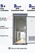 Gray single toilet portable restroom trailer
Double stall mobile toilet unit for construction use
Interior view of portable washroom with sink
Mobile shower unit with privacy enclosure
Pre-installed fixtures inside portable toilet and shower model