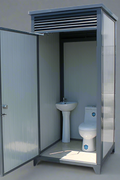 Gray single toilet portable restroom trailer
Double stall mobile toilet unit for construction use
Interior view of portable washroom with sink
Mobile shower unit with privacy enclosure
Pre-installed fixtures inside portable toilet and shower model