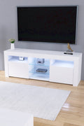 Modern white LED TV cabinet with storage drawers
High gloss entertainment unit with open shelves
Side view of LED-lit TV cabinet setup
Drawer and compartment detail in white gloss TV unit