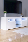 Modern white LED TV cabinet with storage drawers
High gloss entertainment unit with open shelves
Side view of LED-lit TV cabinet setup
Drawer and compartment detail in white gloss TV unit