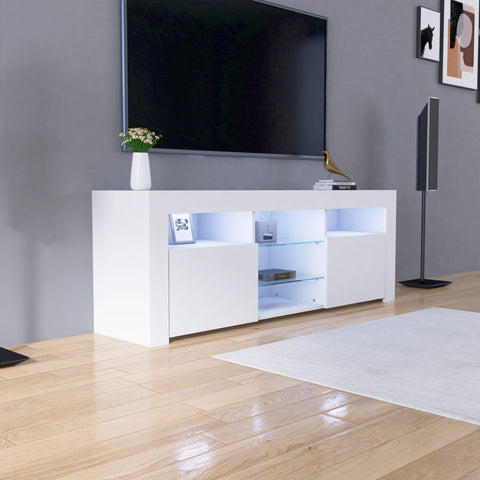 Modern white LED TV cabinet with storage drawers
High gloss entertainment unit with open shelves
Side view of LED-lit TV cabinet setup
Drawer and compartment detail in white gloss TV unit