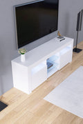 Modern white LED TV cabinet with storage drawers
High gloss entertainment unit with open shelves
Side view of LED-lit TV cabinet setup
Drawer and compartment detail in white gloss TV unit