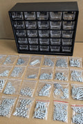 Multipurpose fastener kit with labeled drawers

1001-piece screw and bolt organizer cabinet

Open storage cabinet with hardware compartments

Assorted fasteners and storage trays

Compact metal fastener case for shop and garage use