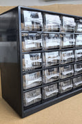 Multipurpose fastener kit with labeled drawers

1001-piece screw and bolt organizer cabinet

Open storage cabinet with hardware compartments

Assorted fasteners and storage trays

Compact metal fastener case for shop and garage use
