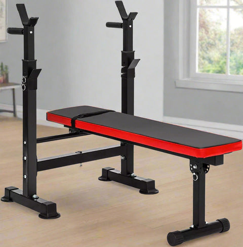 Adjustable Olympic workout bench with barbell rack and red cushion

Multifunctional fitness bench for squats, presses, and dumbbell exercises

Foldable gym bench with 6-position backrest and anti-slip base
Compact home gym bench with barbell stand and dip handles
Full-body strength training bench for home or personal gym use
