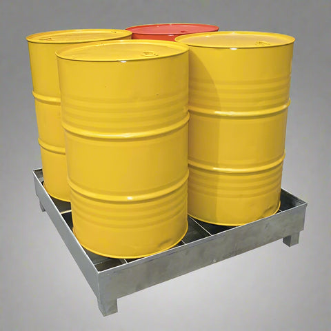 "Heavy-duty oil drum spill containment bin for hazardous materials"

"Yellow hazmat storage bin for 55-gallon drums exceeding 110% capacity"

"Industrial spill control pallet for safe hazardous material handling"
