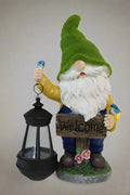 Garden gnome statue with LED lantern in hand
Outdoor solar-powered welcome gnome for patio or yard
Resin gnome lawn sculpture with night light