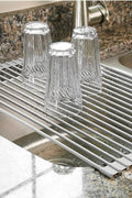 Large gray over-the-sink roll-up dish drying rack with stainless steel rods for multipurpose kitchen use – heat-resistant BPA-free silicone design