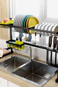 Black stainless steel over-the-sink dish drying rack with hooks and shelves