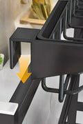 Black stainless steel over-the-sink dish drying rack with hooks and shelves